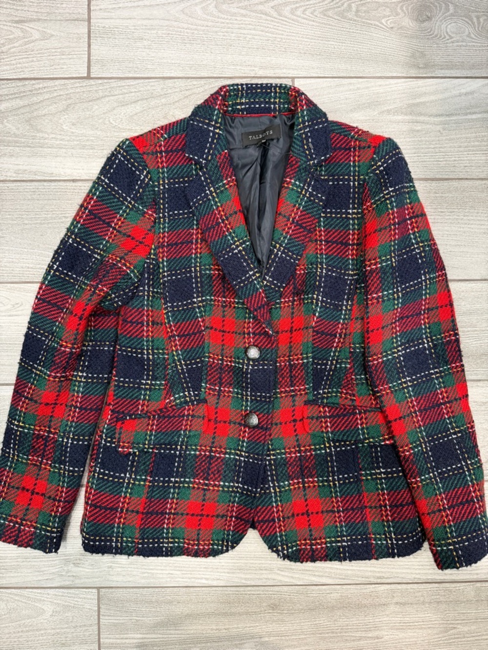 Talbots Red, Navy & Green Plaid Wool-Blend Blazer